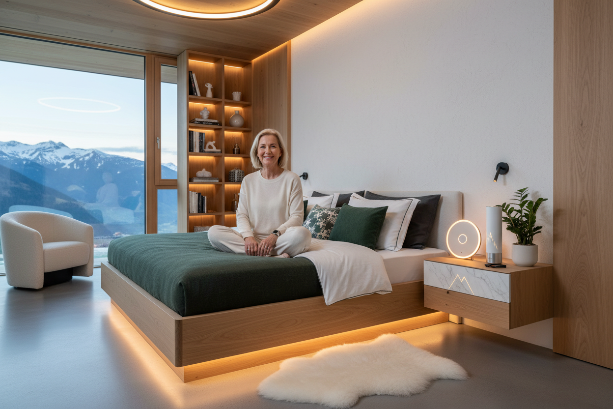 "Une scène sereine et hyperréaliste représentant une femme mature souriante  dans sa chambre moderne avec une décoration  suisse  et assise sur son lit LED en bas  à coucher magnifique et moelleux . Sur la table de chevet élégante, on trouve  des  dispositifs de suivi du sommeil (Réveil lumineux avec Simulation de lever/coucher du soleil; Diffuseur Somatique...)au design élégant suisse   et une petite plante verte.